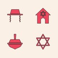 Set Star of David, Orthodox jewish hat, Jewish synagogue and Hanukkah dreidel icon. Vector Royalty Free Stock Photo