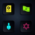 Set Star of David, Torah scroll, Hanukkah dreidel and Flag Israel. Black square button. Vector