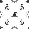 Set Star of David, Witch hat and Unicycle or one wheel bicycle on seamless pattern. Vector. Royalty Free Stock Photo