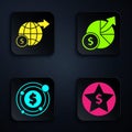 Set Star and dollar, Earth globe with dollar, Target with dollar symbol and Money and diagram graph. Black square button Royalty Free Stock Photo