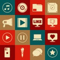 Set Star, Like and heart, Dislike in speech bubble, Document folder, Play Video, Megaphone, Music note, tone and icon Royalty Free Stock Photo