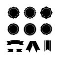 Set of starburst badges. Sunburst stickers. Black and white labels with ribbon icon , symbol of product guarantee Royalty Free Stock Photo