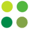 Set of starburst, sunburst badges, labels, stickers. Green color. Vector illustration