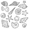 Set of starfish icons, silhouette icon of seashells on white background. Sketches of doodle shells
