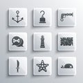 Set Starfish, Pirate bandana for head, treasure map, Lighthouse, sword, Location pirate, Anchor and Vintage pistols icon