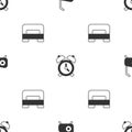 Set Stationary bicycle, Alarm clock and Big bed on seamless pattern. Vector Royalty Free Stock Photo