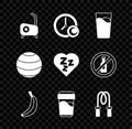 Set Stationary bicycle, Time to sleep, Glass with water, Banana, Jump rope, Fitness ball and Sleepy icon. Vector Royalty Free Stock Photo