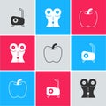 Set Stationary bicycle, Women waist and Apple icon. Vector Royalty Free Stock Photo