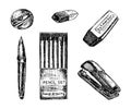 Set of stationery drawings. Hand drawn Vector illustration. Pencil sharpener, pencils, pen, eraser, textmarker and stapler doodle