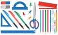 Set of Stationery Items. Eraser, Scissors, Ruler, Paper Clips, Drawing Pins,Pencils, Pens. School Supplies, Stationery stapler. Royalty Free Stock Photo