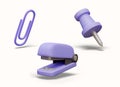 Set of stationery items. Purple paper clip, pushpin, stapler Royalty Free Stock Photo