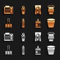 Set Stationery knife, Coffee cup to go, Trash can, Glue, Binder clip, Pencil sharpener, Telephone and Plant pot icon