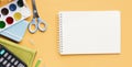 Set of stationery next to sketch pad 1. High quality and resolution beautiful photo concept Royalty Free Stock Photo