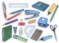 A set of stationery for school and office, marker style.