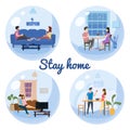 Set Stay home quarantine consept banners self isolation. Young couples families sitting at home drink tea coffee