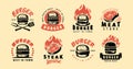 Set of steak, burger emblems with lettering. Design elements for logo, label, emblem, sign Royalty Free Stock Photo