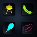 Set Steak meat, Barbecue grill, Chicken leg and Sausage. Black square button. Vector