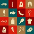 Set Steak meat, Chef hat, Frying pan, Salt, Fish, Chicken leg, and Sausage icon. Vector Royalty Free Stock Photo