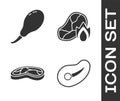 Set Steak meat, Chicken leg, Steak meat and Grilled steak meat and fire flame icon. Vector Royalty Free Stock Photo