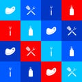 Set Steak meat, Crossed fork and spatula, Barbecue and Mustard bottle icon. Vector