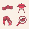 Set Steak meat in frying pan, Bacon stripe, Barbecue grill and Grilled fish steak and fire flame icon. Vector