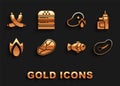 Set Steak meat, Sauce bottle, Fish, Fire flame, Grilled steak and fire, Crossed sausage and Burger icon. Vector