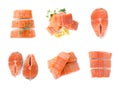 Set with steaks of fresh raw salmon on background, top view. Fish delicacy