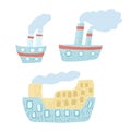 Set steamboat cute on white background. Cartoonish blue ship with steam in doodle style.