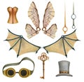 Set of steampunk elements with air balloons, wings, keys, glasses, corset, hour hand, hat. Royalty Free Stock Photo