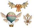 Set of steampunk elements with air balloons, wings, keys, glasses, corset. Royalty Free Stock Photo