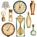 Set of steampunk elements with bottles, clocks, lamp, barometer and sandglass.