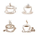 Set of steamy coffee and tea cups, sketch style, doodle, vector illustration