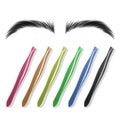 Set of steel tweezers isolated on white, colorful steel tweezers and realistic eyebrows in vector format