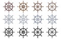 Set of steering ship or boat wheels in different style colorful, outline, monochrome. Travel concept. Rudder helm symbol