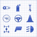Set Steering wheel, Car mirror, High beam, Traffic cone, Chassis car, Gear shifter, Wrench and Timing belt kit icon