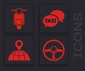 Set Steering wheel, Scooter, Taxi call telephone service and Location on the globe icon. Vector
