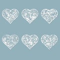 Set stencil hearts with patterns of leaves and flowers. Template for interior design invitations etc. Vector illustration.