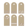 Set stencil labels with a carved pattern on a white background