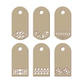 Set stencil labels with a carved pattern on a white background