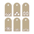 Set stencil labels with a carved pattern on a white background