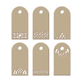 Set stencil labels with a carved pattern on a white background