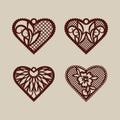 Set of stencil lace hearts with carved openwork pattern for laser cutting Royalty Free Stock Photo