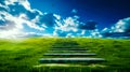 Set of steps leading to bird flying in the sky over grassy field. Generative AI Royalty Free Stock Photo