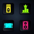 Set Stereo speaker, Computer, Portable video game console and Star. Black square button. Vector Royalty Free Stock Photo