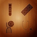 Set Stethoscope, Blood test and virus, DNA symbol and virus and Pills in blister pack on wooden background. Vector