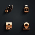 Set Stethoscope, Bottle of medicine syrup, Patient record and Location hospital icon with long shadow. Vector