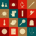 Set Stethoscope, Rabies virus, Syringe and, Microscope, Hand with, Virus, Test tube flask and Blood test icon. Vector Royalty Free Stock Photo