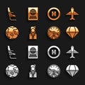 Set Stewardess, Plane, Parachute, Compass, Worldwide, Helicopter landing pad, Airplane seat and Passport icon. Vector