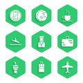 Set Stewardess, Suitcase, Plane, Radar, landing, Coffee cup and No cell phone icon. Vector