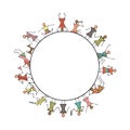 Set of stick figures in a circle. People lifestyle. Cartoon icons set. Hand drawn vector illustration isolated on white.
